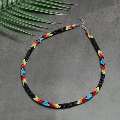 Handmade Black Dusk Pattern Beaded Necklace Native American Style