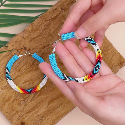 Handmade Dark Blue Pattern Beaded Earrings for Women