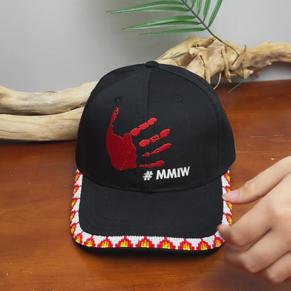 MMIW Red Hand Embroidered Handmade Beaded Brim Baseball Cap Native American Style