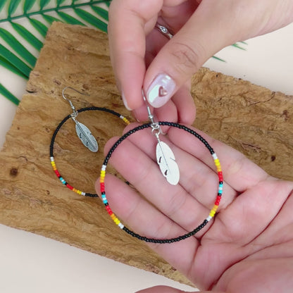 Native Inspired Black Round Beaded Handmade Hoop Earrings for Women