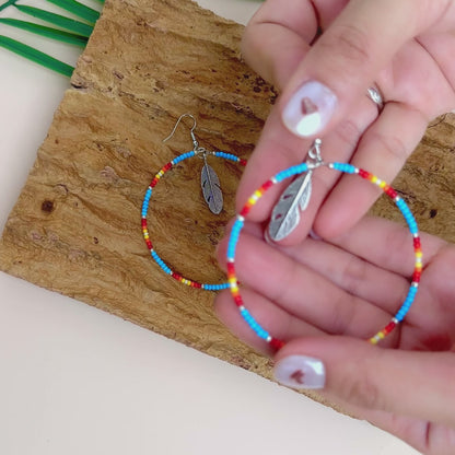 Native Inspired Blue Round Beaded Handmade Hoop Earrings for Women