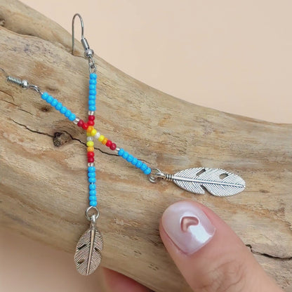 Native Feather Beaded Drop Earrings – Handmade Black & Blue Color