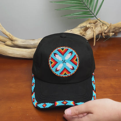 Cotton Unisex Baseball Cap With Beaded Patch Brim Native American Style