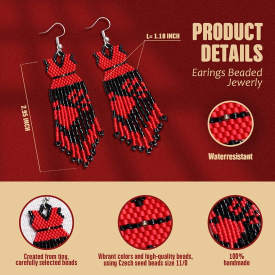 Native American Beaded Dress Earrings - Red And Black