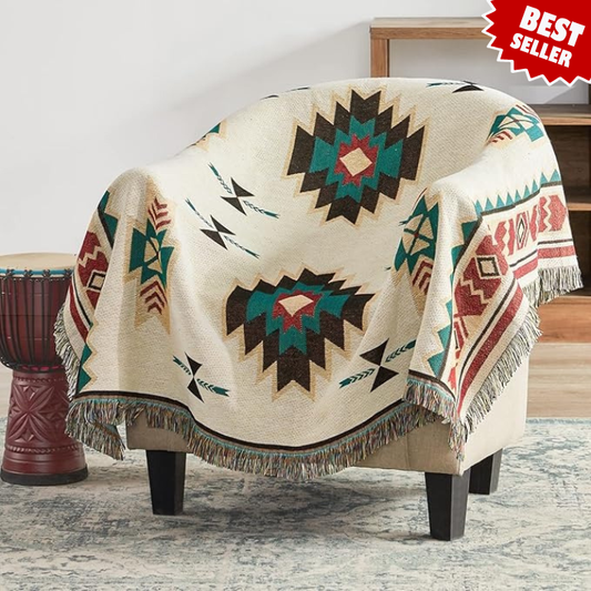 [HOT]Southwestern Reversible Woven Blanket – Native-Inspired Geometric Sand & Turquoise Throw