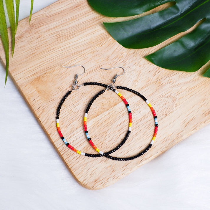 Native Inspired Black Round Beaded Handmade Hoop Earrings for Women