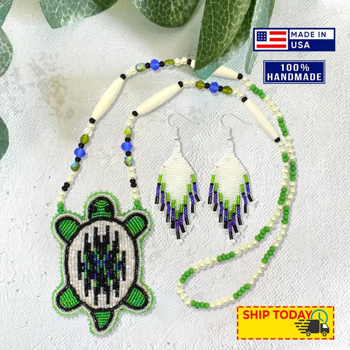 Handmade Beaded Turtle Necklace & Earrings Set – Blue Green