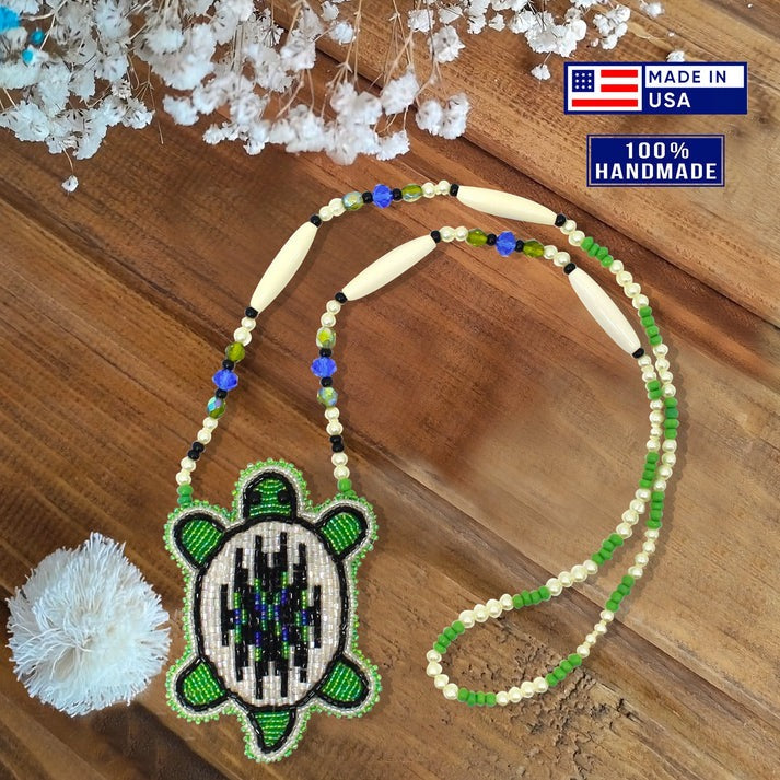 Handmade Beaded Turtle Necklace & Earrings Set – Blue Green