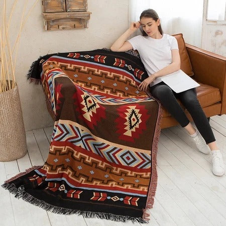 Southwestern Reversible Woven Blanket – Native-Inspired Red Diamond & Geometric Pattern Throw