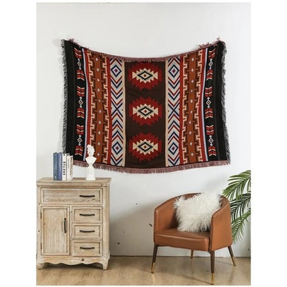 Southwestern Reversible Woven Blanket – Native-Inspired Red Diamond & Geometric Pattern Throw