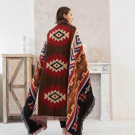 Southwestern Reversible Woven Blanket – Native-Inspired Red Diamond & Geometric Pattern Throw
