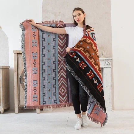 Southwestern Reversible Woven Blanket – Native-Inspired Red Diamond & Geometric Pattern Throw