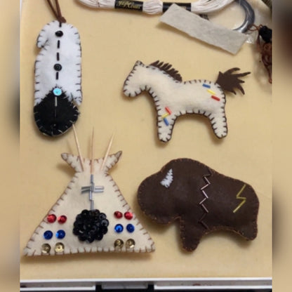 Handmade Native Ornament Set – Buffalo, Horse, Teepee & Feather