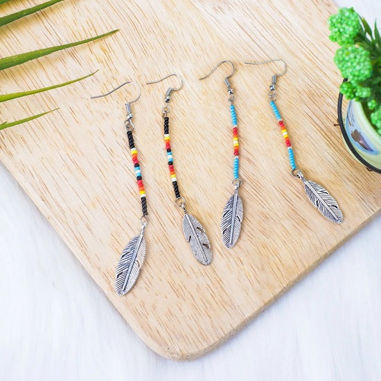 Native Feather Beaded Drop Earrings – Handmade Black & Blue Color
