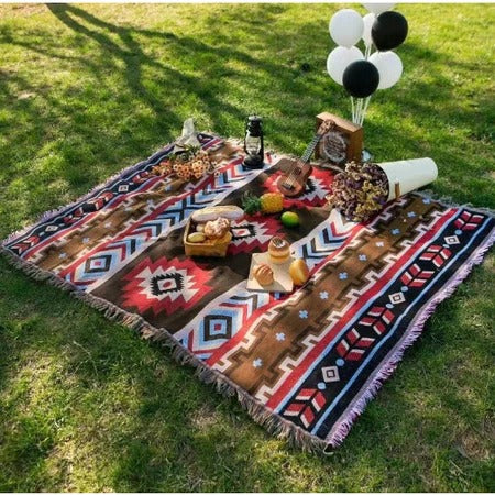 Southwestern Reversible Woven Blanket – Native-Inspired Red Diamond & Geometric Pattern Throw