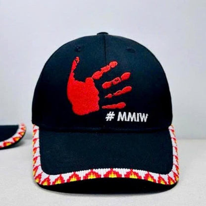 MMIW Red Hand Embroidered Handmade Beaded Brim Baseball Cap Native American Style